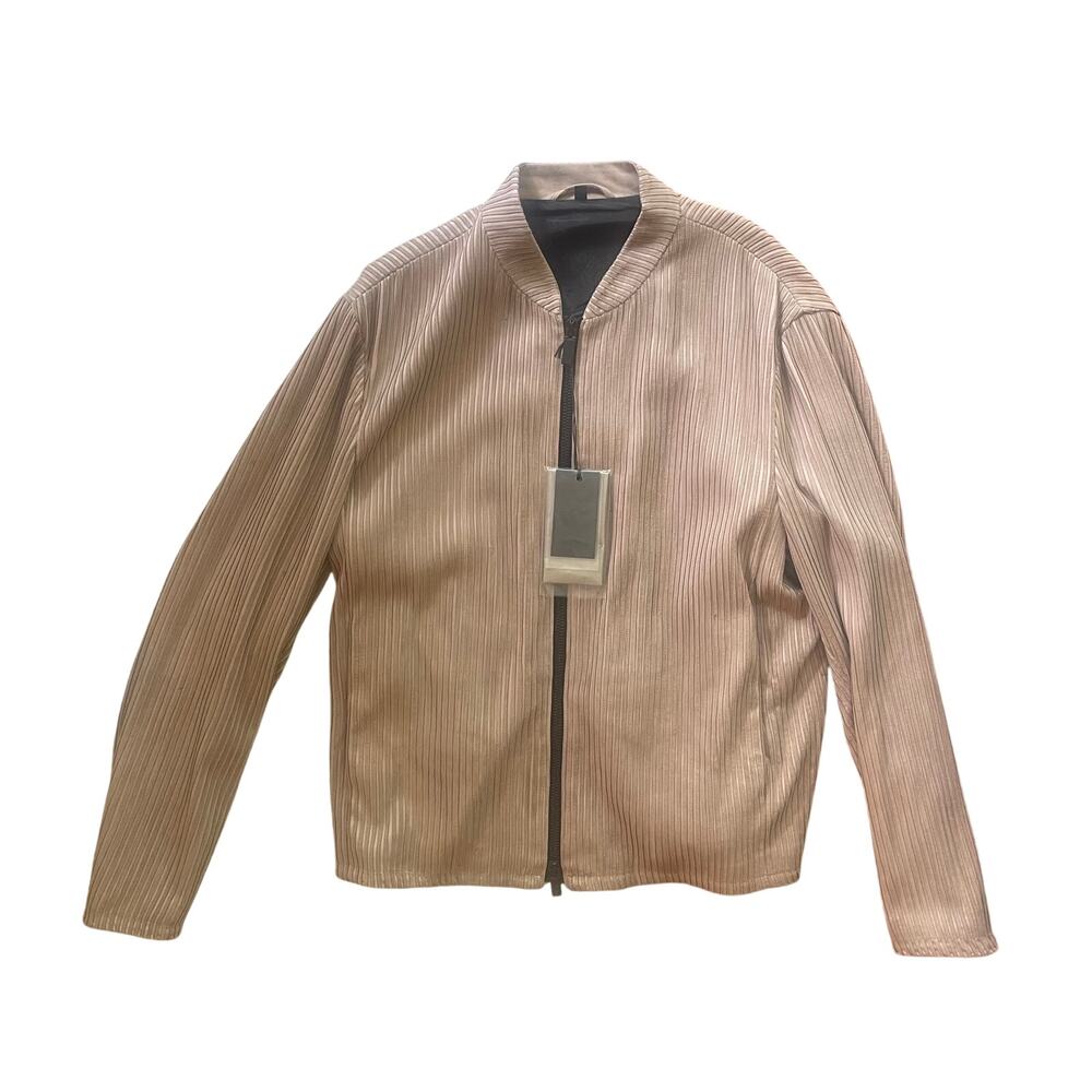 NWT Giorgio Armani Ribbed Leather Zip Bomber Jacket Beige  54/XL MSRP $4,895